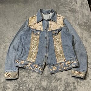 VTG 90s Gordon James Womens Floral Embellished Boho Style Denim Jacket Size M